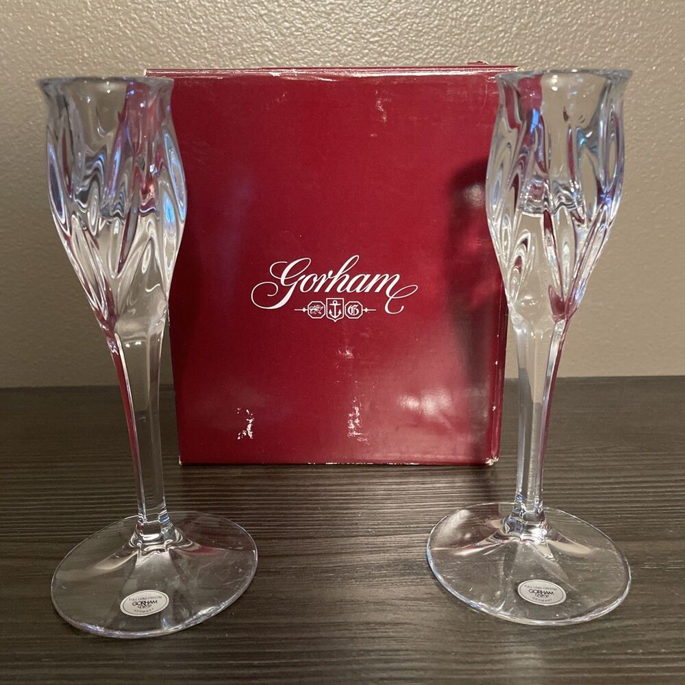 Vintage GORHAM Full Lead Crystal "Star Blossom" 6.5" Candlestick Holders - Pair